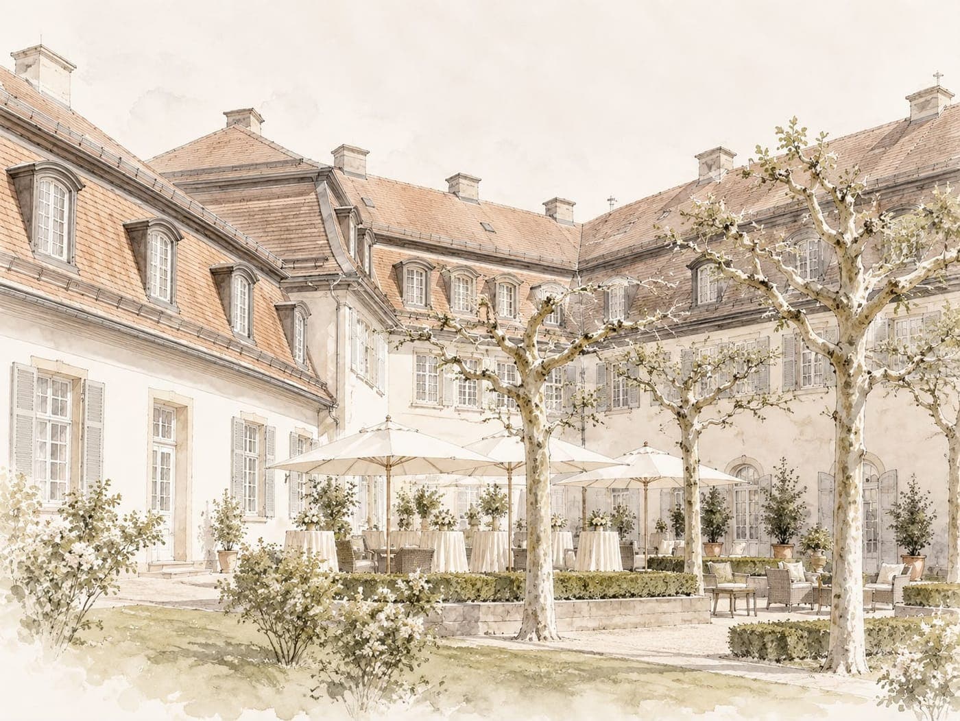Illustration des Innenhofs von Schloss Solitude mit Sonnenschirmen und Stehtischen