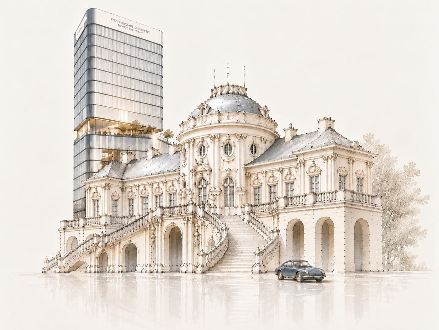 Illustration von Schloss Solitude vor dem Porsche Design Tower